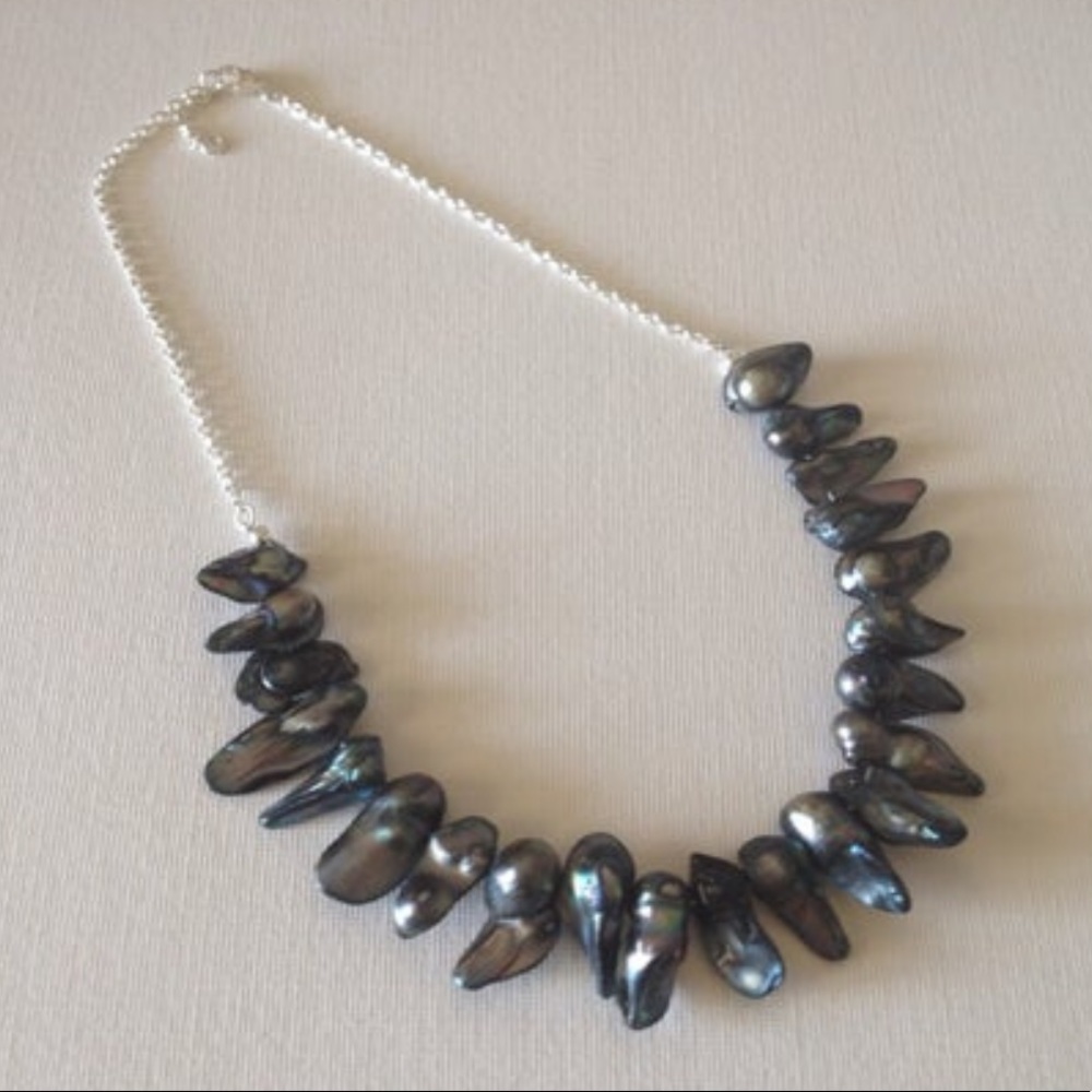 Blue Black Pearl & Sterling Silver Necklace - Picture 1 of 7